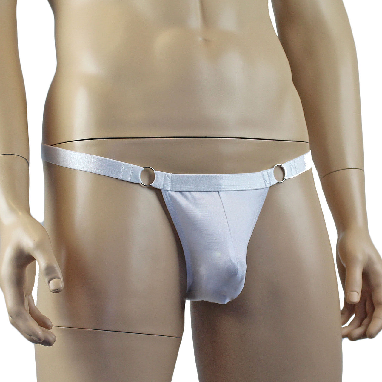 Male Spandex Thong with Ring Sides and Adjustable Strap White