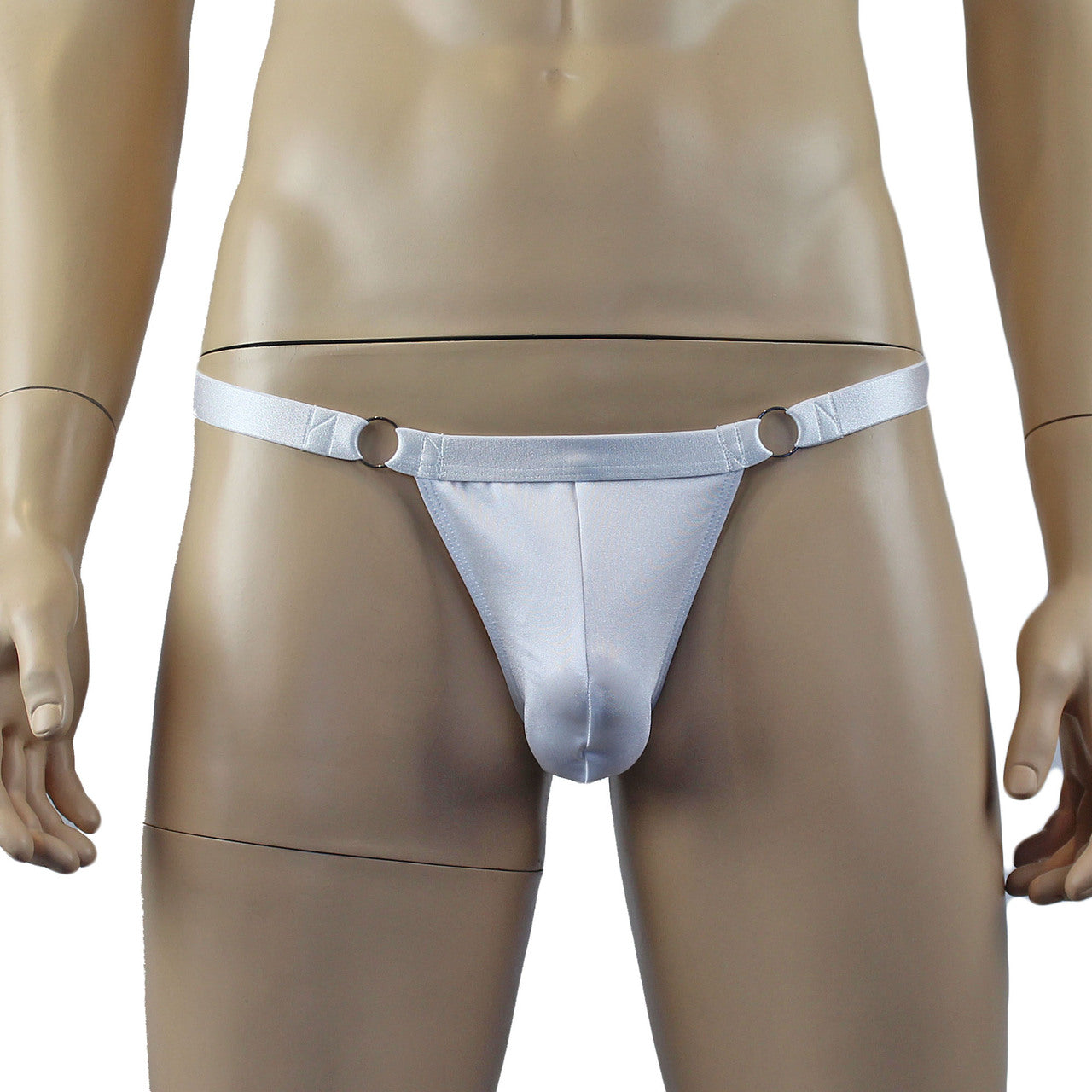 Male Spandex Thong with Ring Sides and Adjustable Strap White