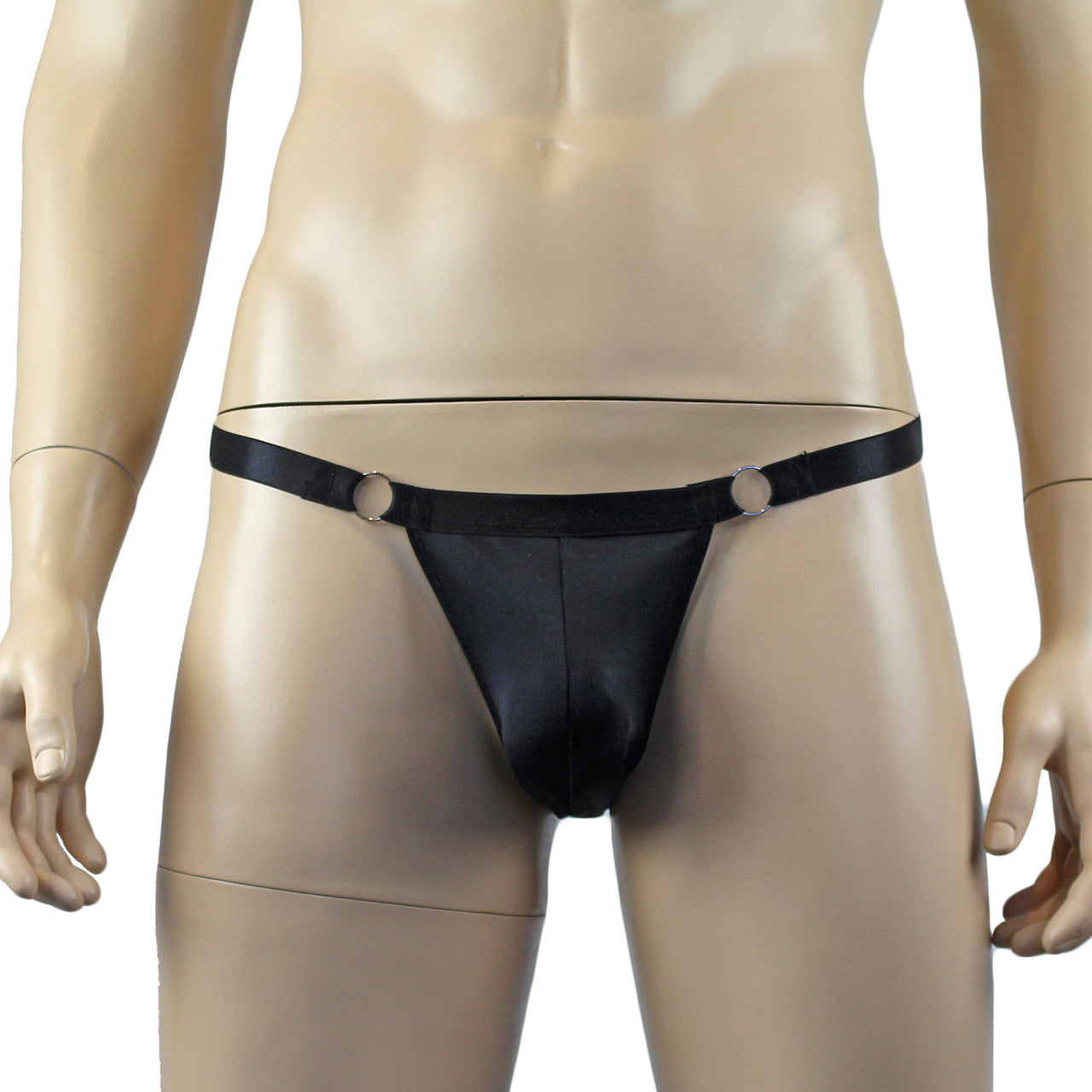 Male Spandex Thong with Ring Sides and Adjustable Strap Black