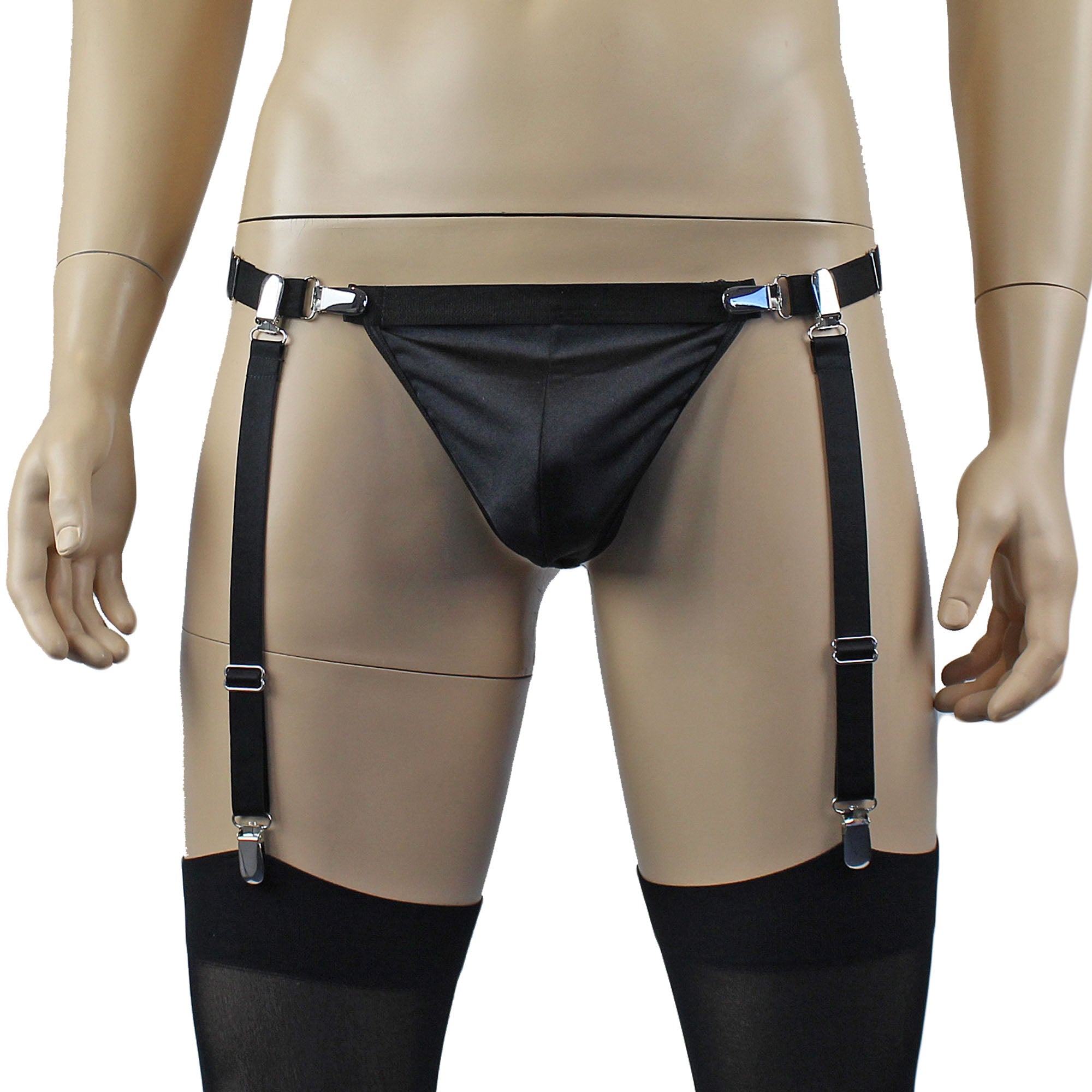 Mens Janice Thong with Adjustable Silver Clip Sides, Detachable Garters & Stockings Black