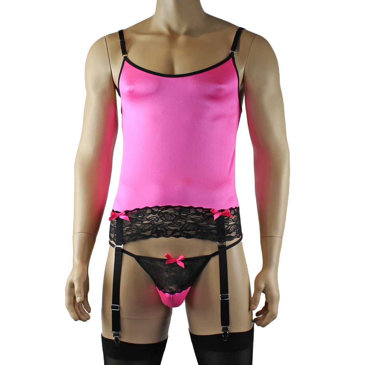 Mens Camisole Bustier Garter Top with Pouch G string & Stockings (hot pink plus other colours)