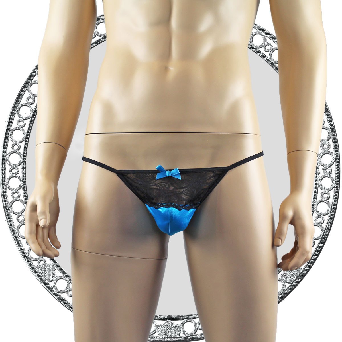 Mens Lacey G string with Bow Turquoise and Black