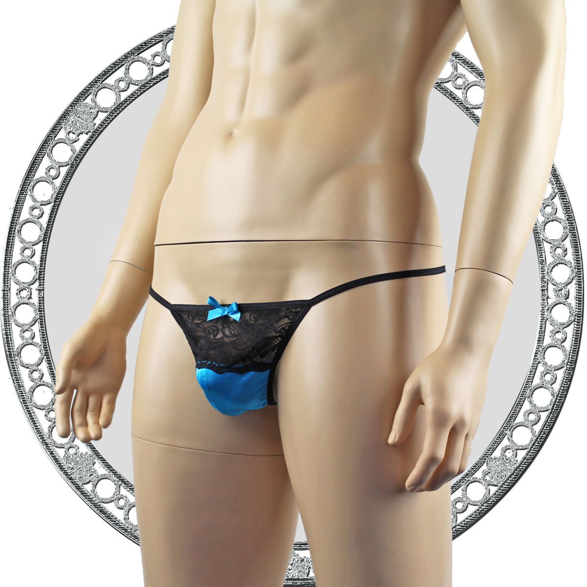 Mens Lacey G string with Bow Turquoise and Black