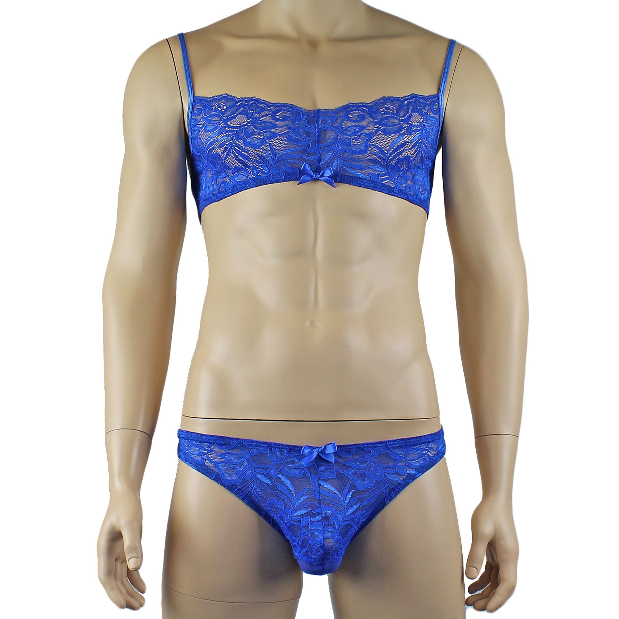 Mens Kristy Lace & Mesh Bra Top and Thong Panty Blue