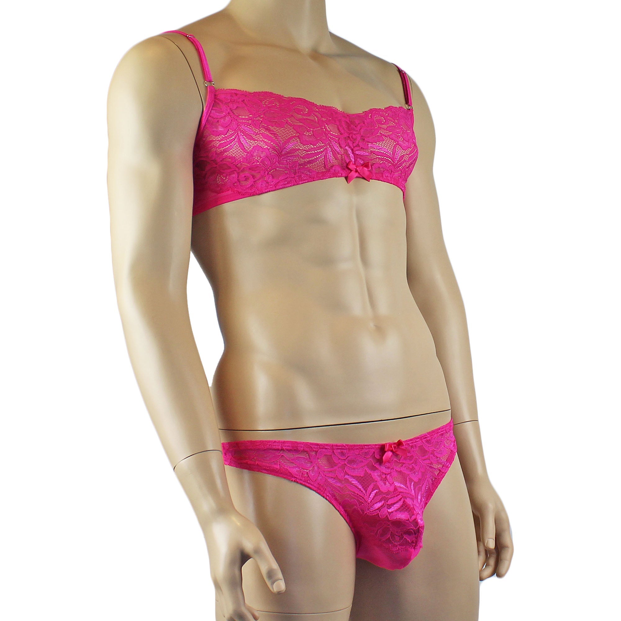 Mens Kristy Lace & Mesh Bra Top and Thong Panty Hot Pink