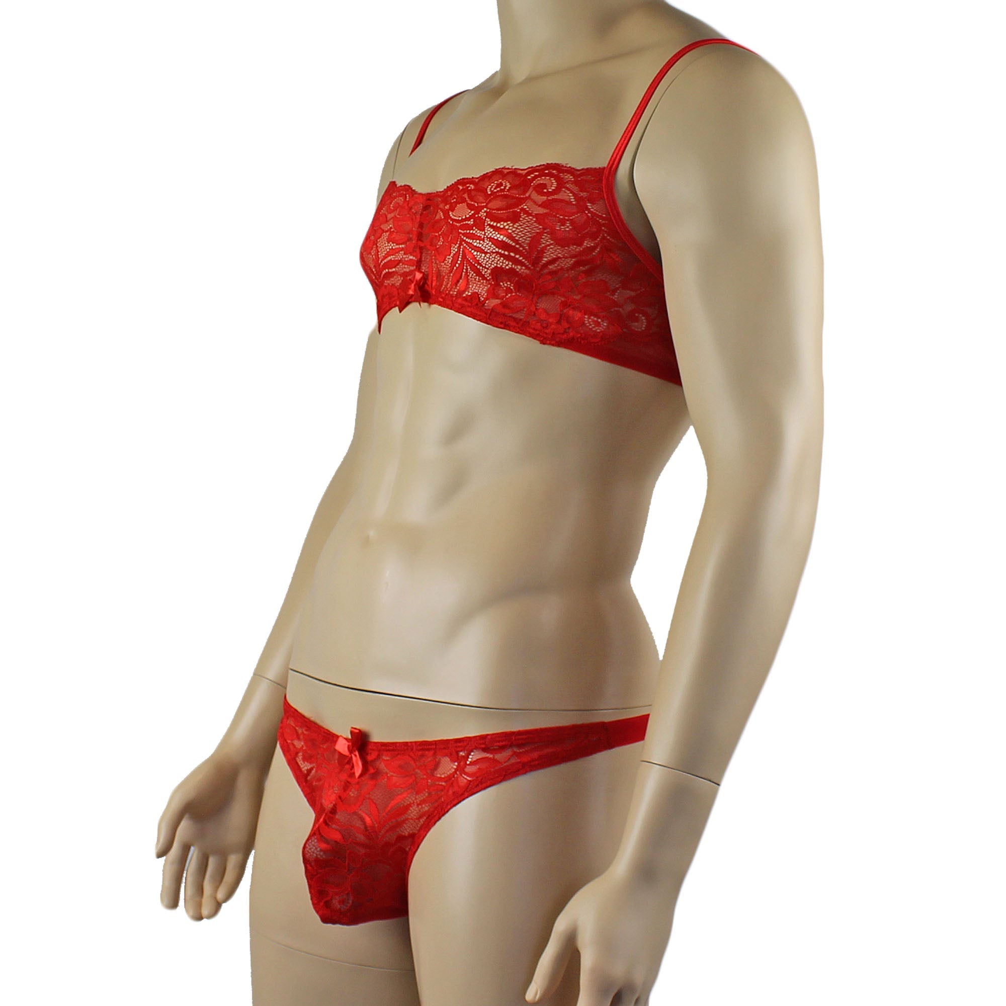 Mens Kristy Lace & Mesh Bra Top and Thong Panty Red