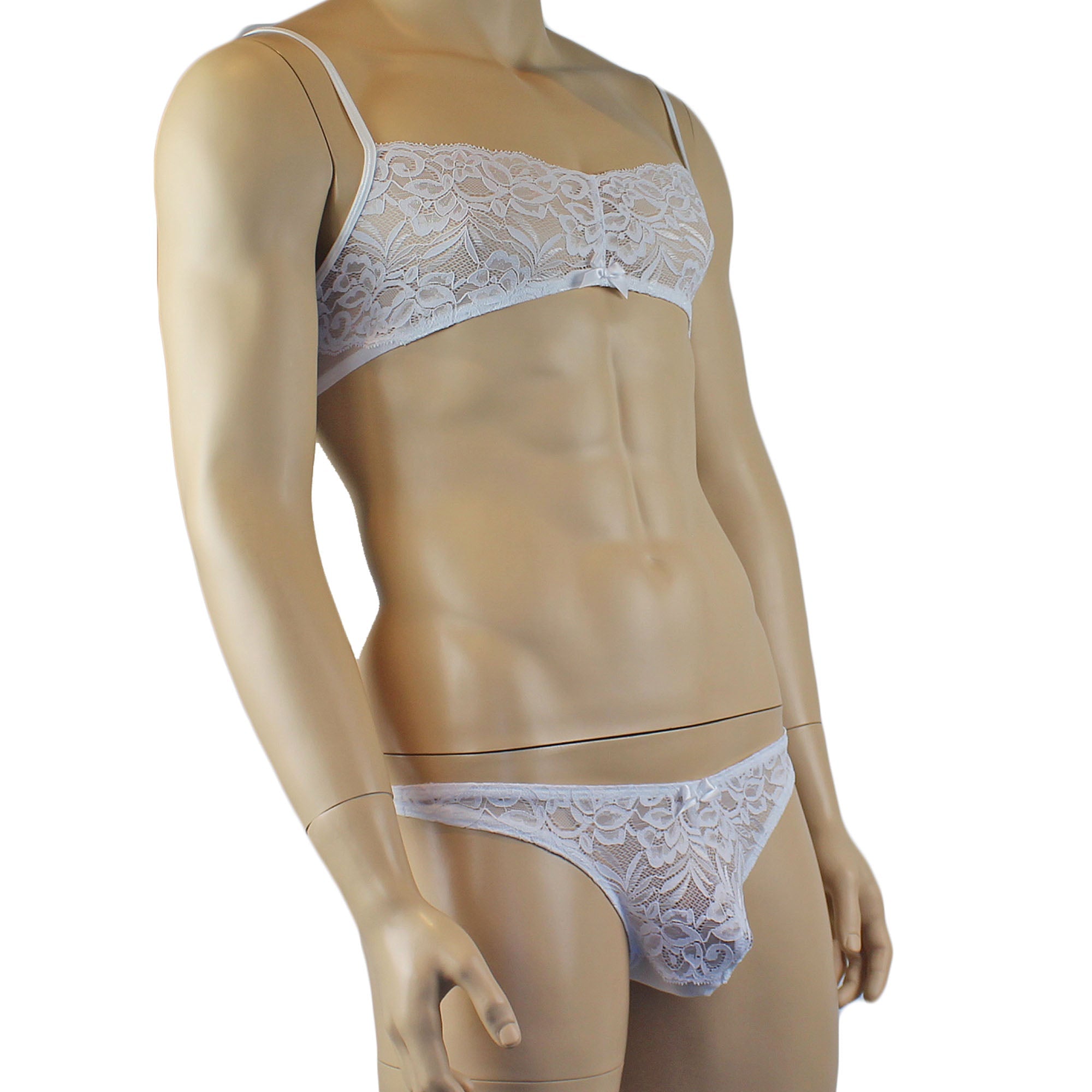 Mens Kristy Lace & Mesh Bra Top and Thong Panty White