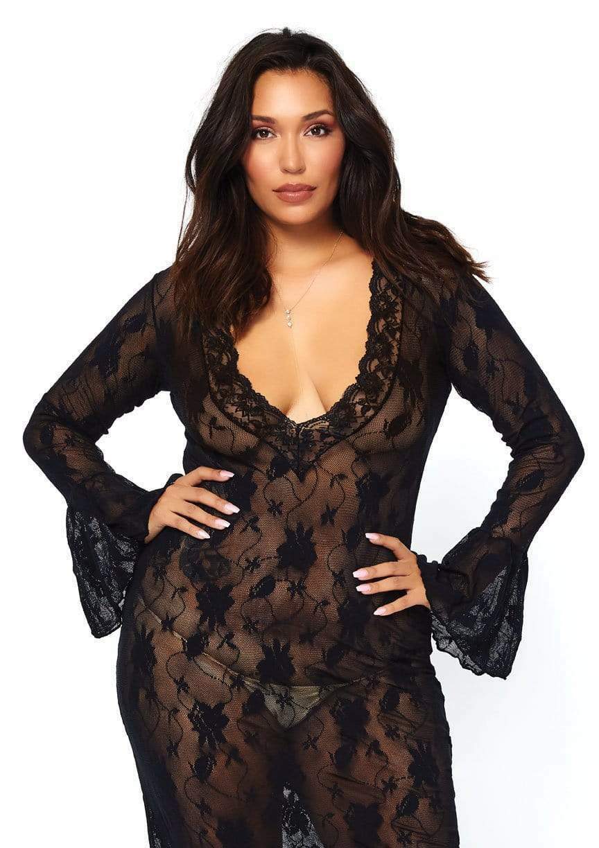Deep V Lace Long Sleeve Gown Black