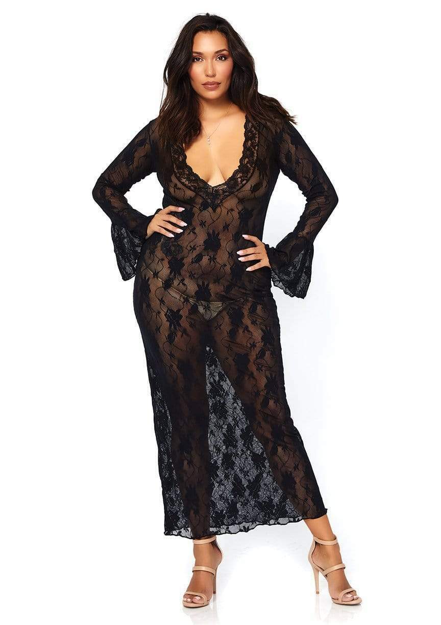 Deep V Lace Long Sleeve Gown Black
