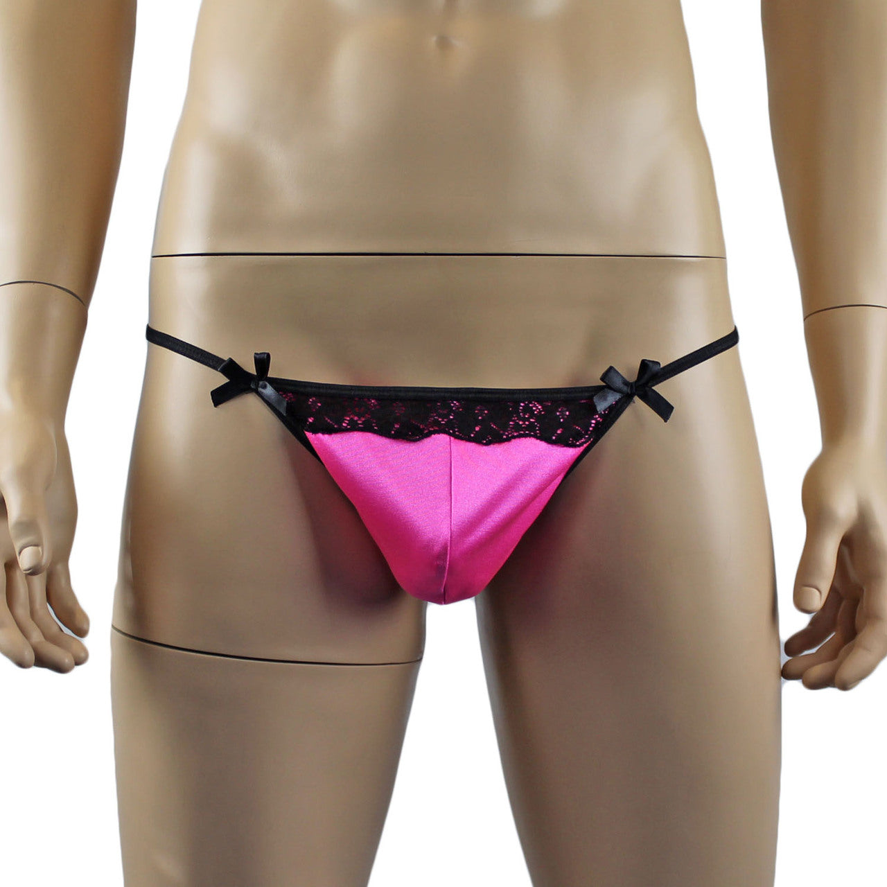 Mens Feminine Satin, Lace and Bow Pouch G string Hot Pink and Black