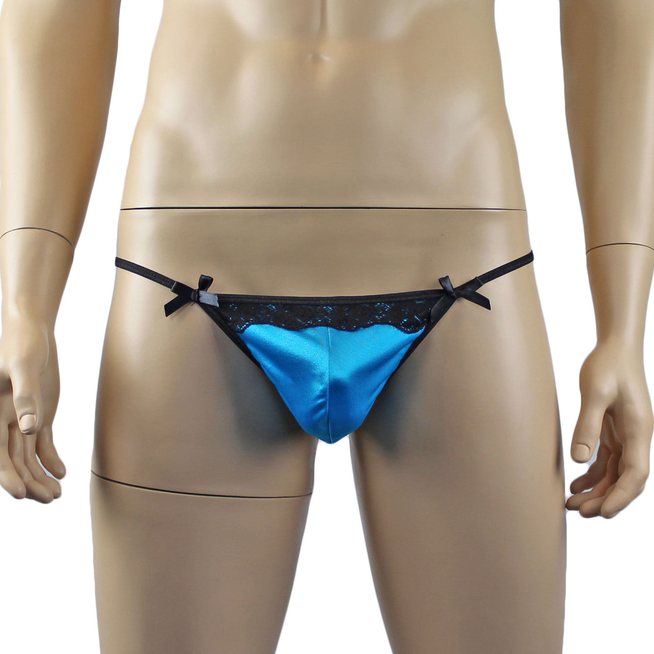 Mens Feminine Satin, Lace and Bow Pouch G string Turquoise and Black