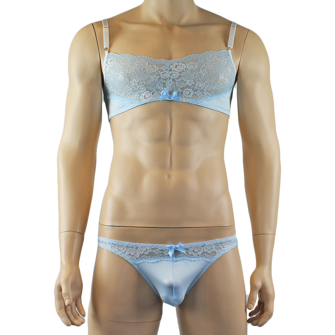 Mens Luxury Spandex & Lace Bra Top and Bikini Brief (light blue plus other colours)