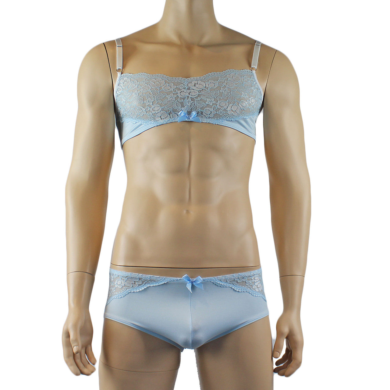 Mens Luxury Spandex & Lace Bra Top and Boxer Brief (light blue plus other colours)