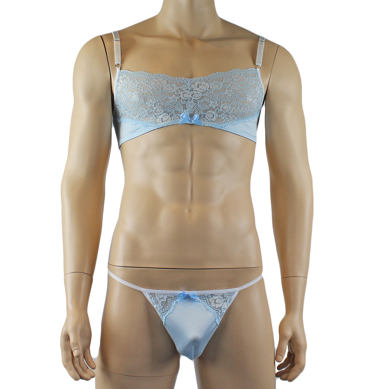 Mens Luxury Spandex & Lace Bra Top and G string (light blue plus other colours)