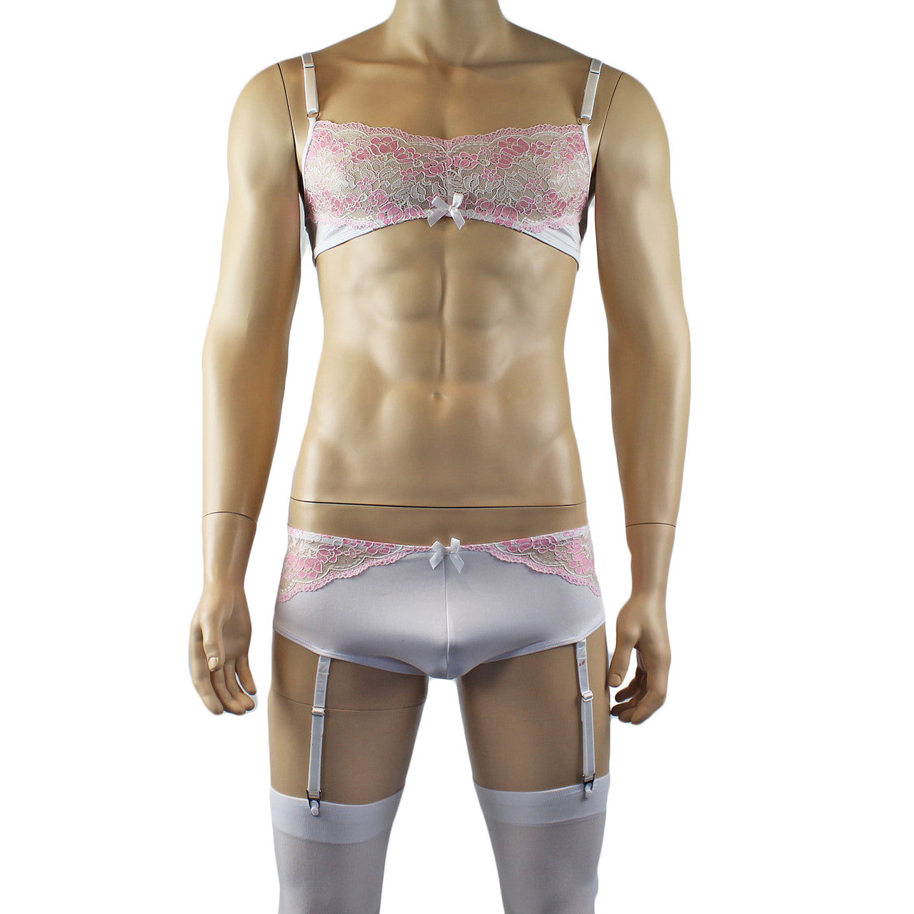 Mens Luxury Bra Top and Bikini Brief with Garters & Stockings (white plus other colours)