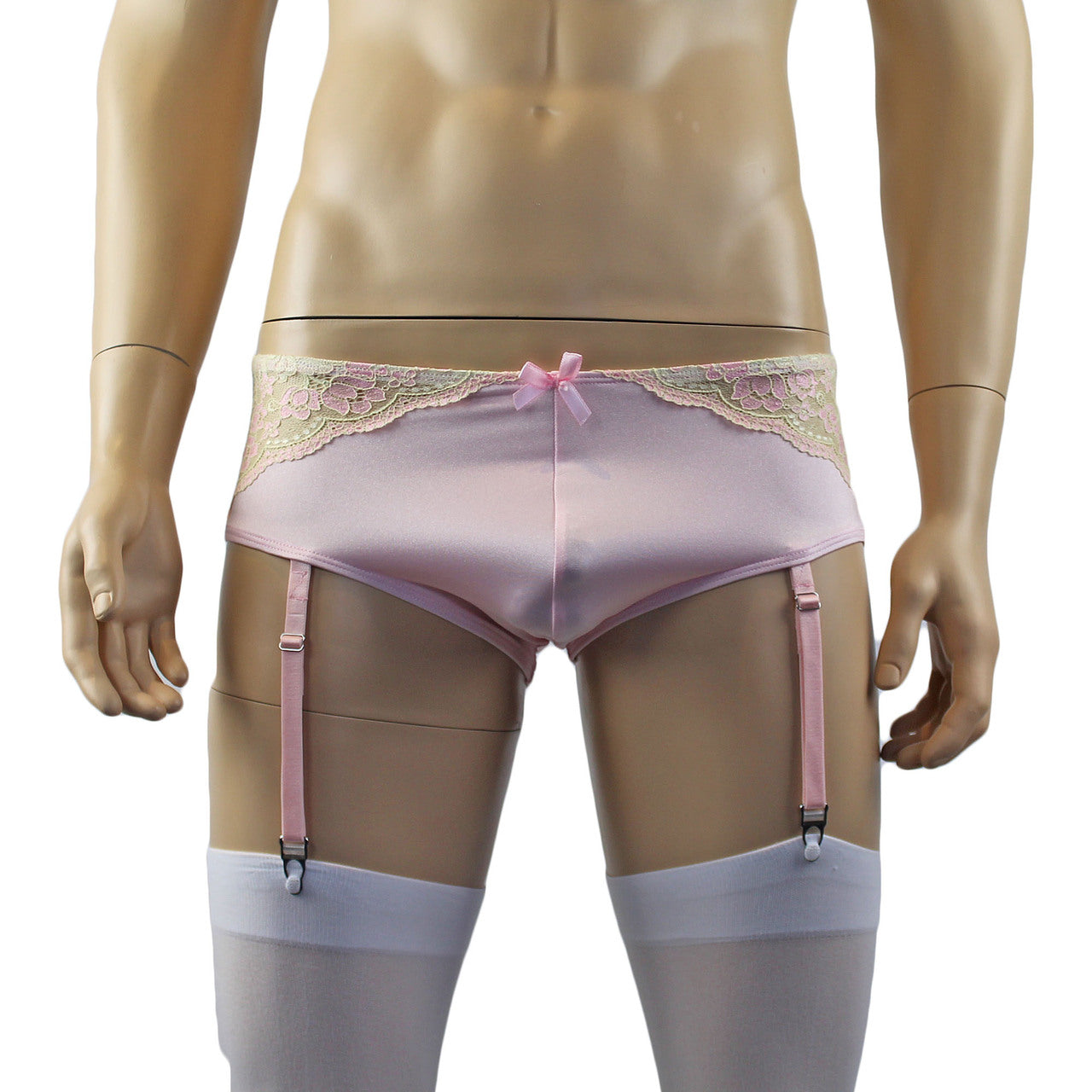 Mens Luxury Mini Bikini Brief with Detachable Garters and Stockings  (pink plus other colours)