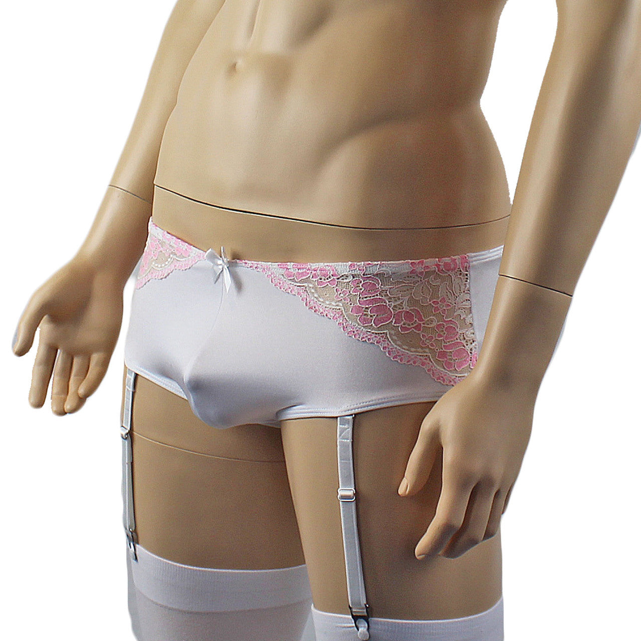 Mens Luxury Mini Bikini Brief with Detachable Garters and Stockings  (white plus other colours)
