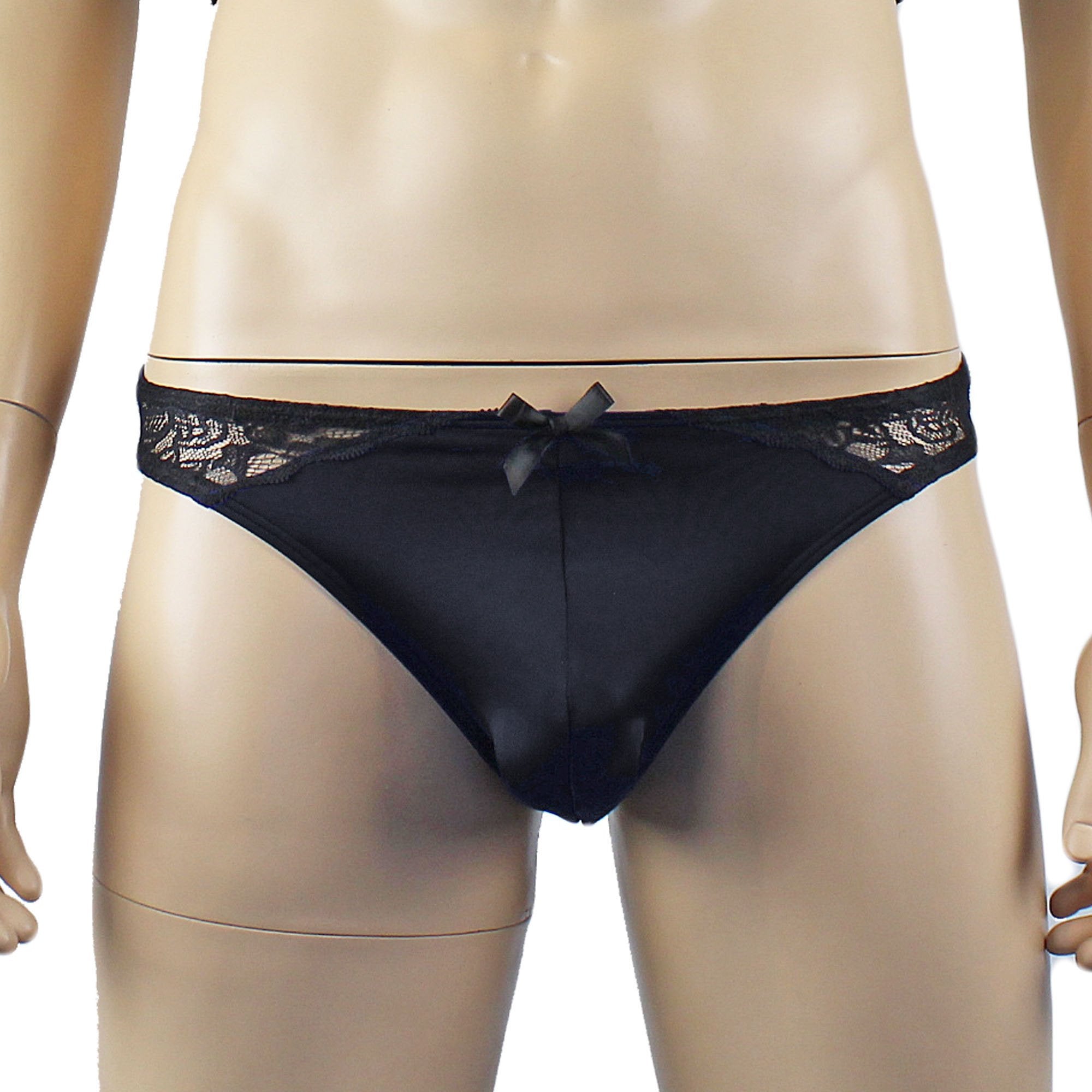 Mens Glamour Wide Front Thong Black & Black Lace