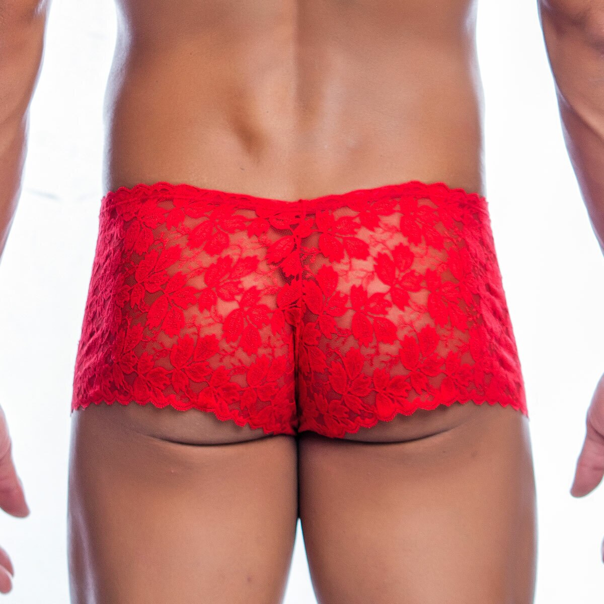 Mens Flower Lace Mini Boy Shorts Red