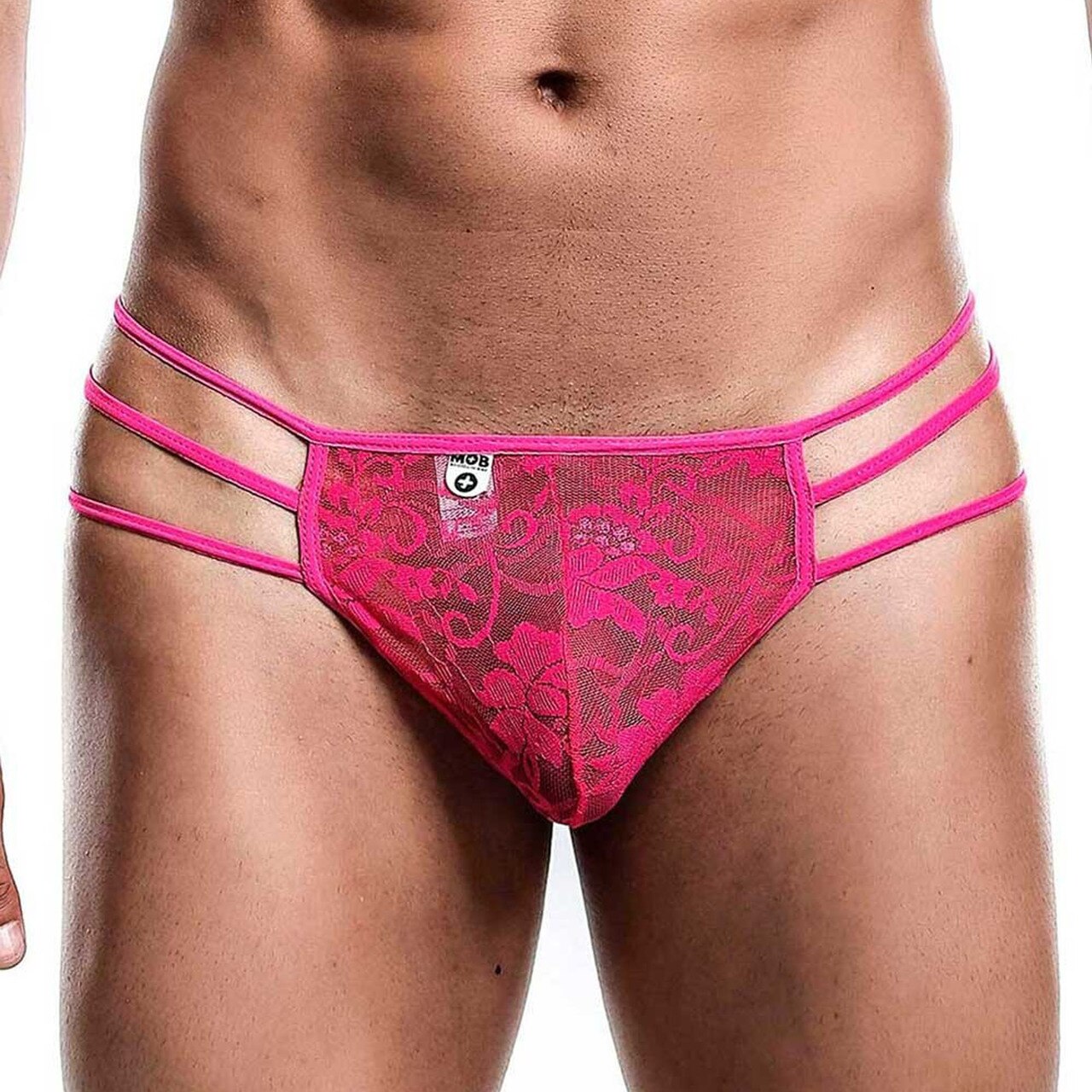 SALE - Mens Male Basics Lace G string Thong with Triple Straps Hot Pink