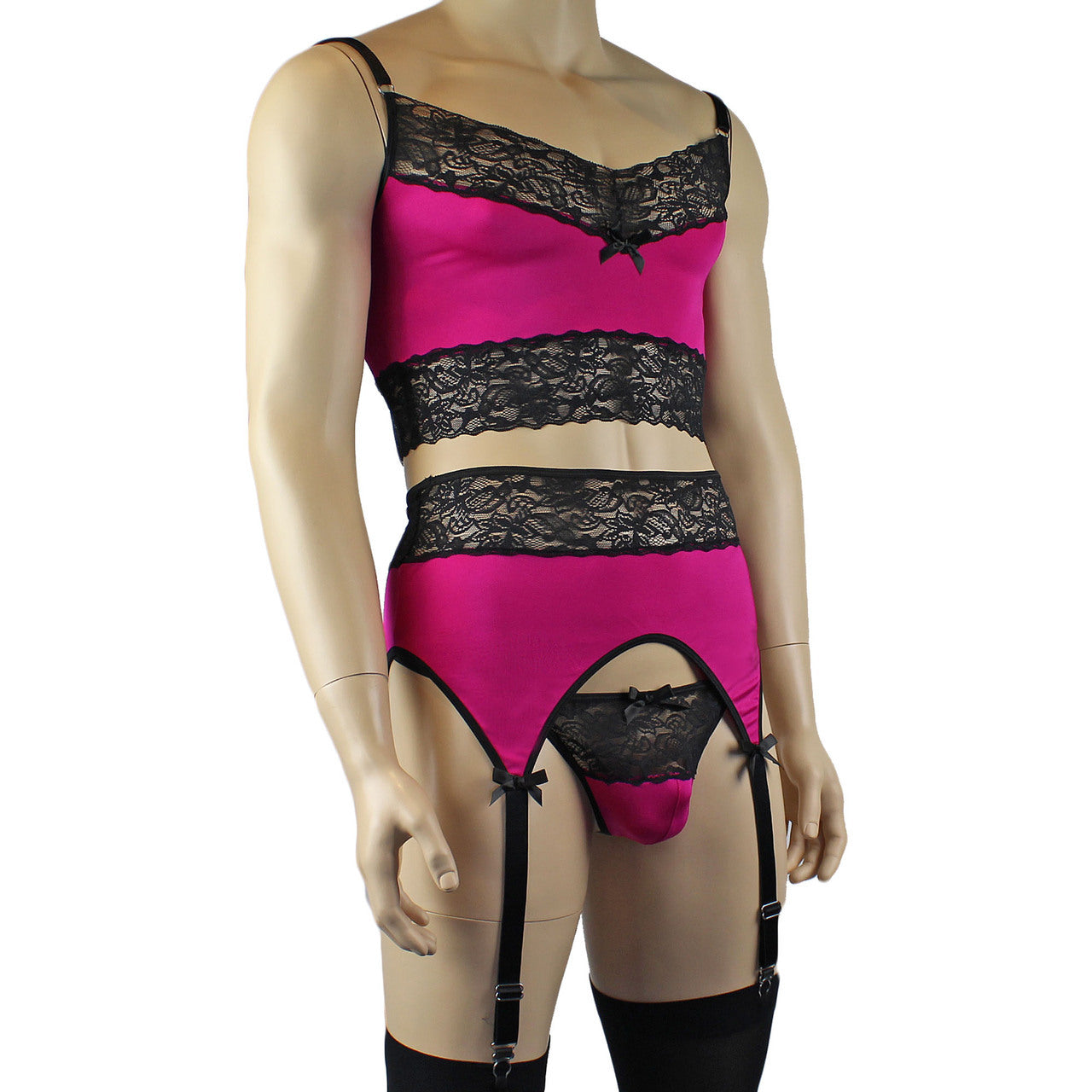 Mens Glamour Lycra & lace Cami Top, High Cut Garterbelt, G string & Stockings (raspberry plus other colours)