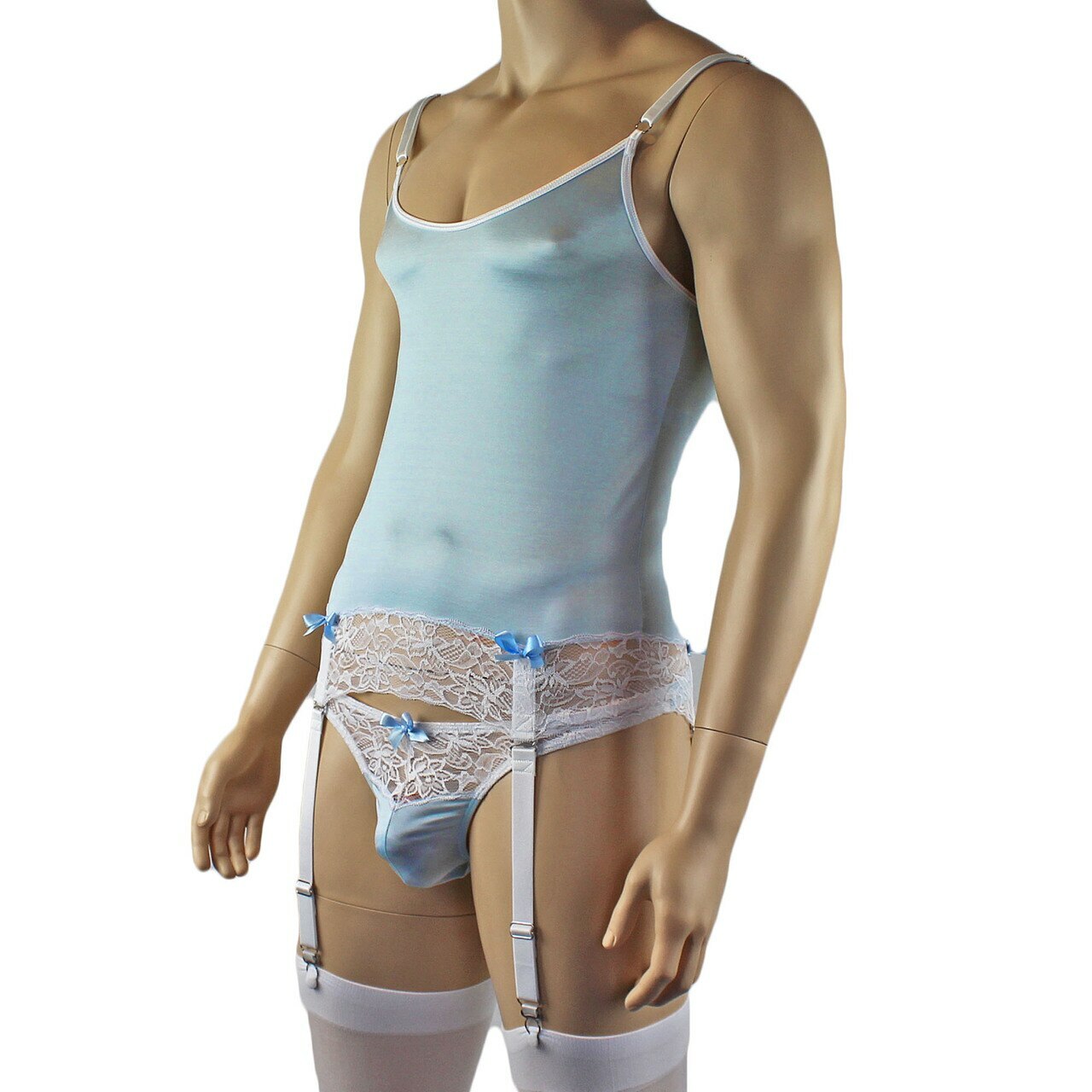 Mens Camisole Bustier Garter Top with Thong & Stockings (light blue plus other colours)