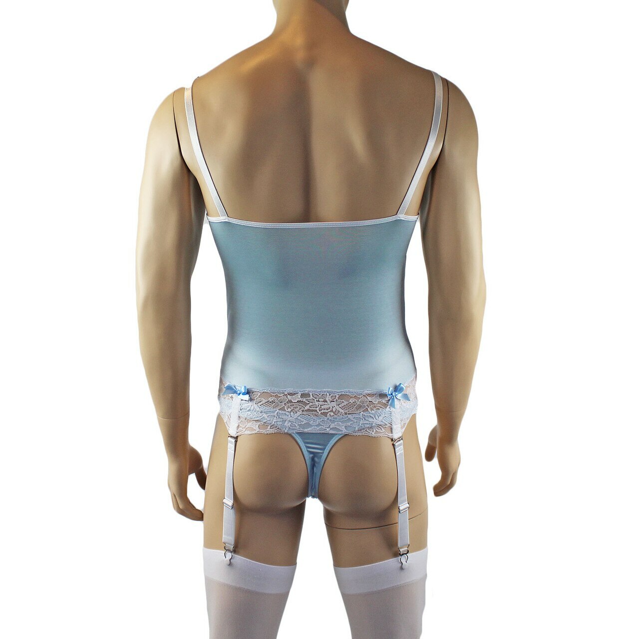 Mens Camisole Bustier Garter Top with Thong & Stockings (light blue plus other colours)