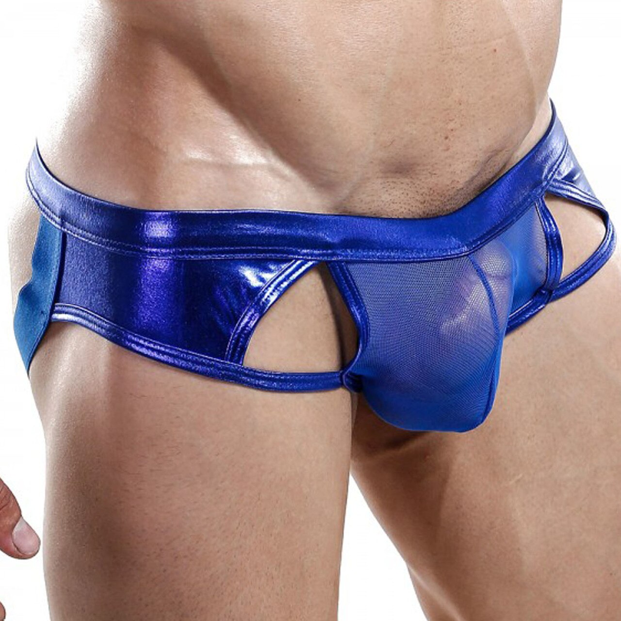 Mens Wetlook Jockstrap with Back Straps and Rings Blue