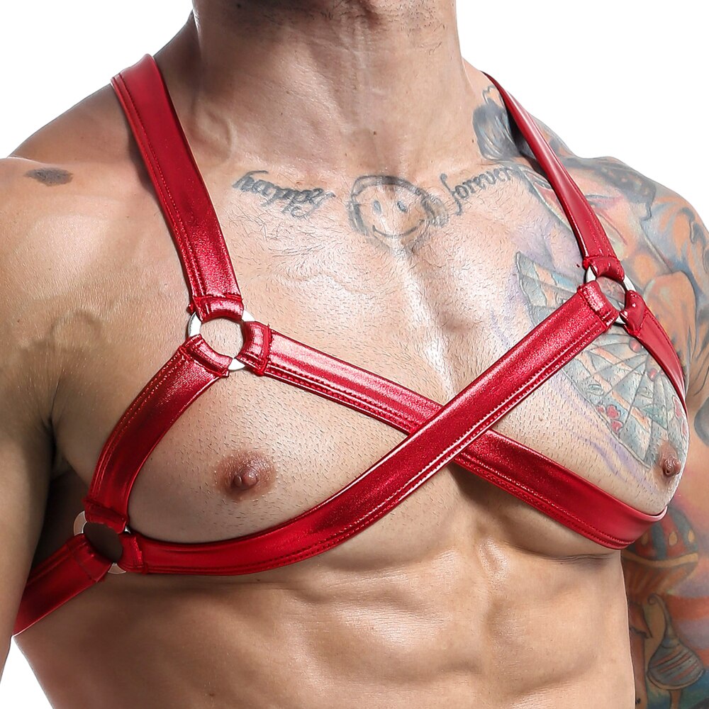 Mens Wetlook Shiny Bra Harness Red