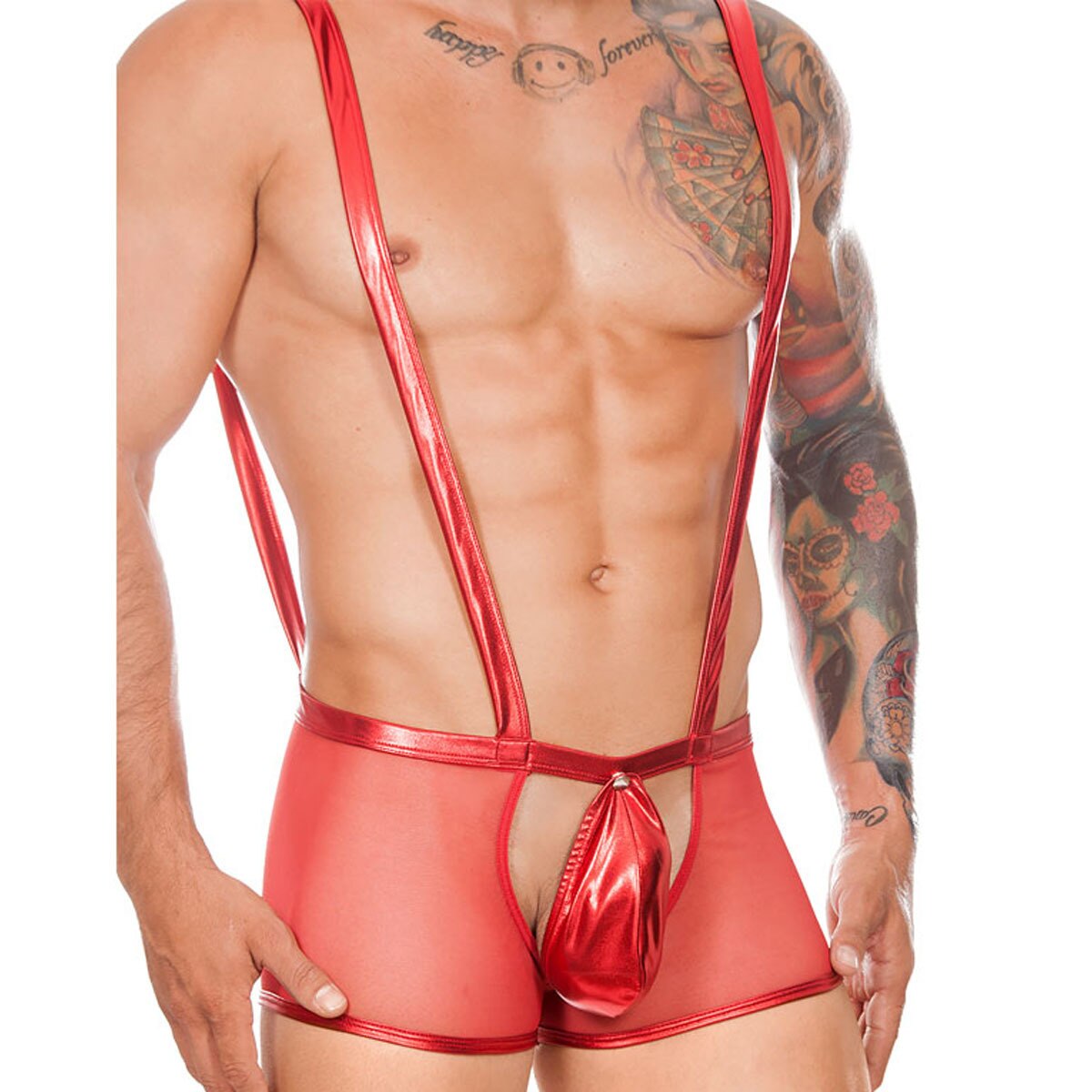 Mens Pouch Front Boxer Briefs with Braces Red