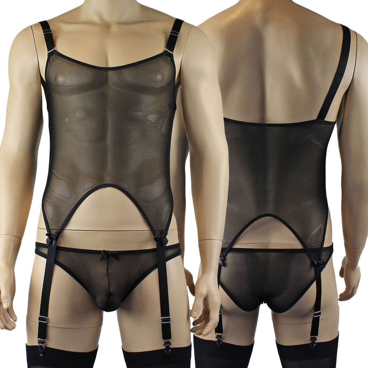 Mens Exotic Corset Top, Brief & Stockings - Sizes up to 3XL (black plus other colours)