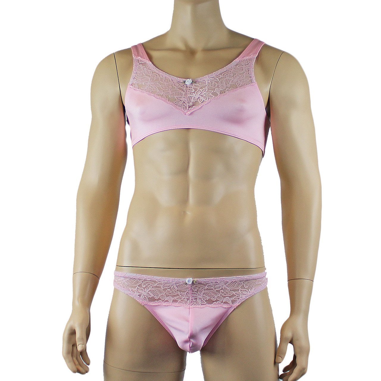 Male Lingerie Bra Top with V Lace front and G string Thong (light pink plus other colours)