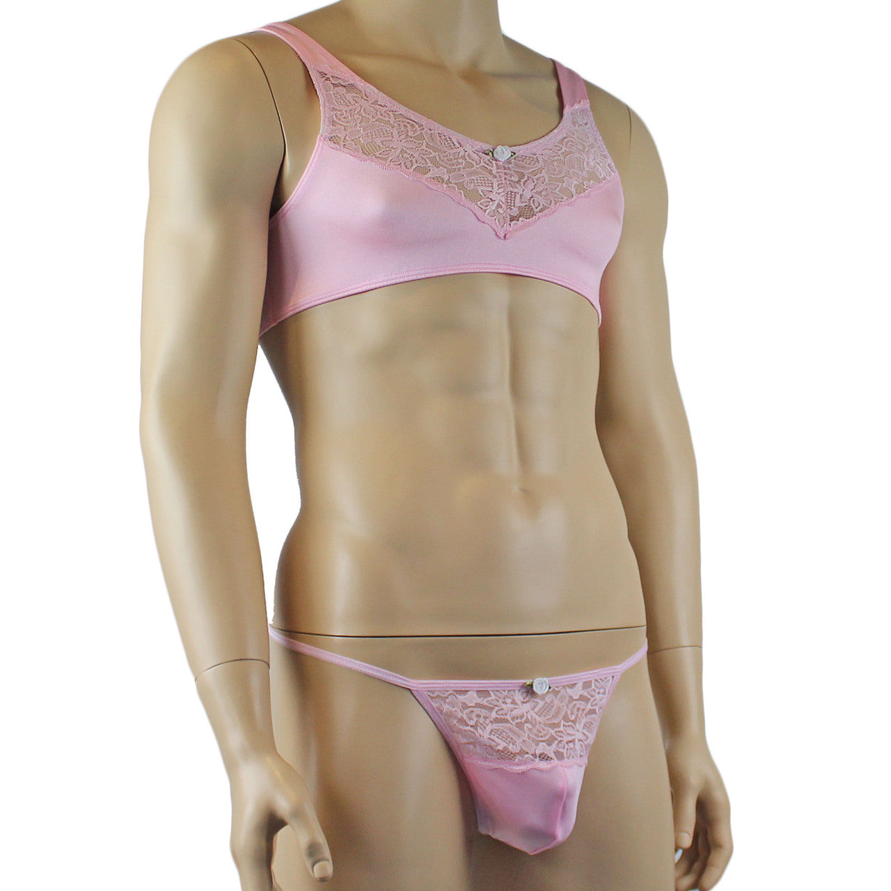 Male Lingerie Bra Top with V Lace front and Pouch G string (light pink plus other colours)