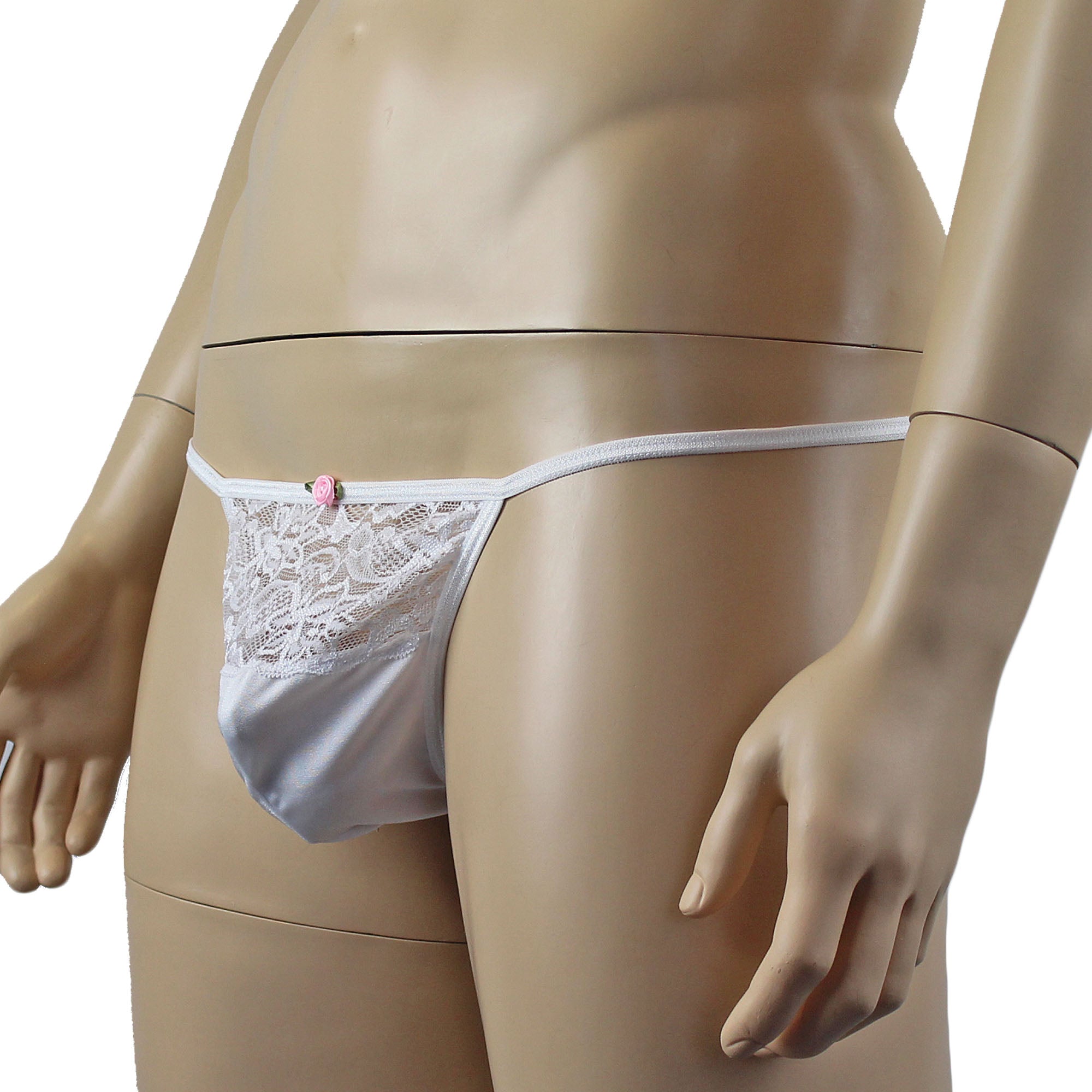 Male Penny Lingerie Stretch Spandex Pouch G string with Lace White