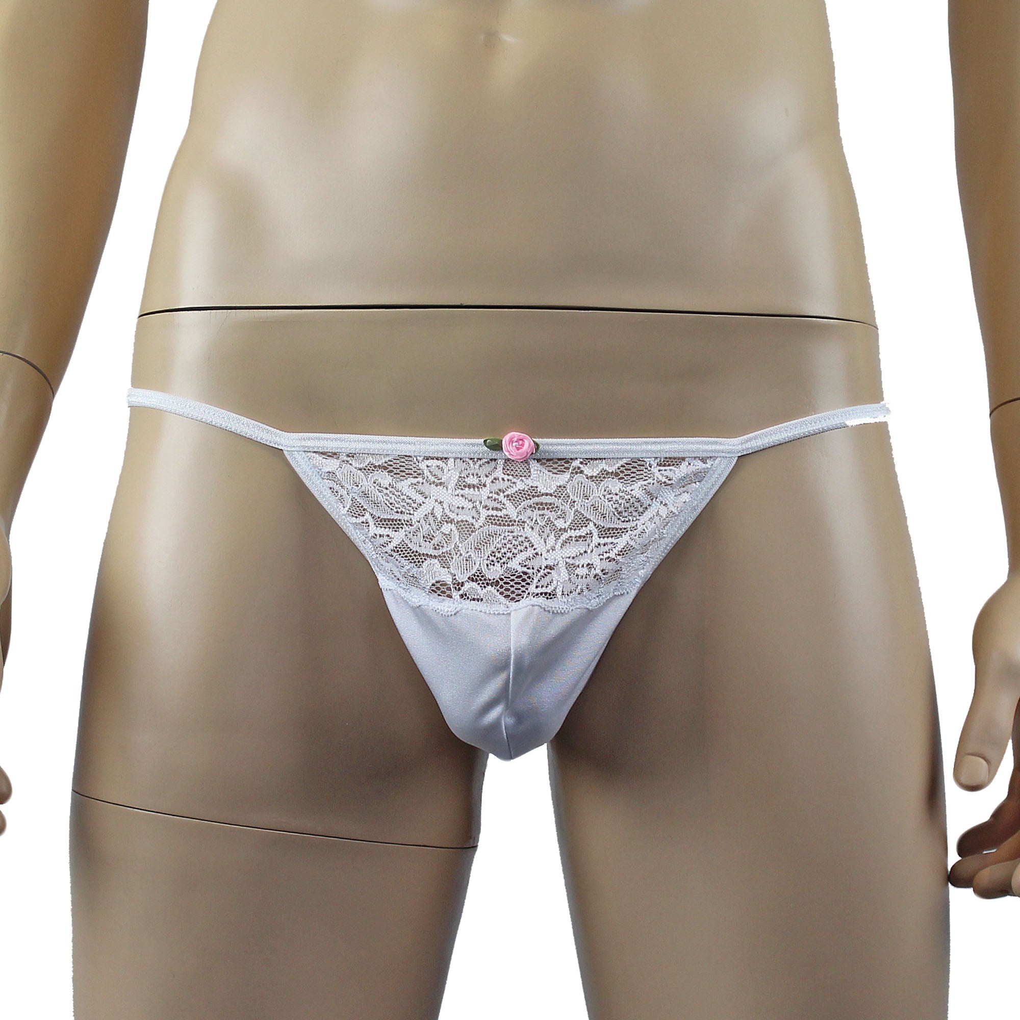 Male Penny Lingerie Bra Top with V Lace front, G string & Garterbelt White