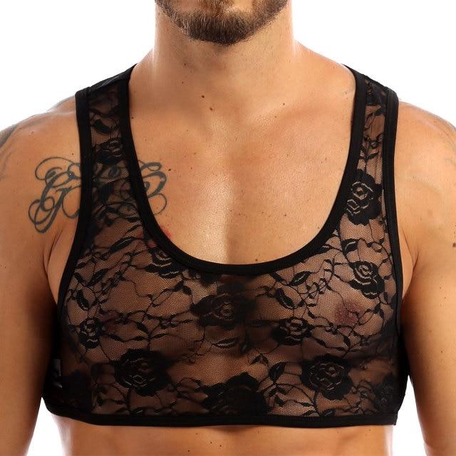 Mens Stretch Floral Lace Crop Top, Sexy Male Underwear