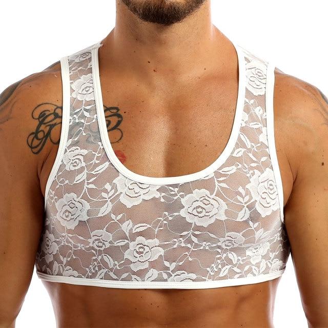 Mens Stretch Floral Lace Crop Top, Sexy Male Underwear