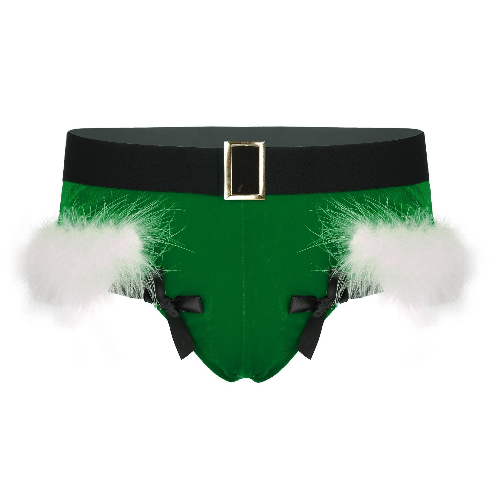 SALE - XMAS GIFT - Mens Sissy Christmas Velvet Santa Briefs with Feather Trim Green & White