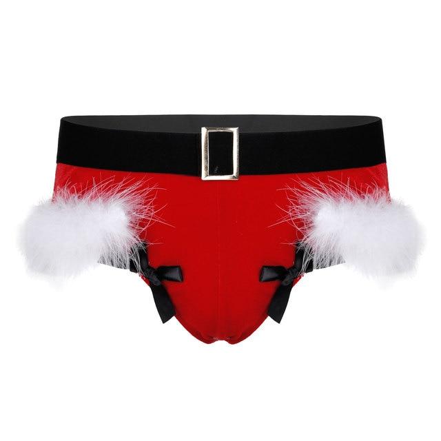 SALE - XMAS GIFT - Mens Sissy Christmas Velvet Santa Briefs with Feather Trim Red & White