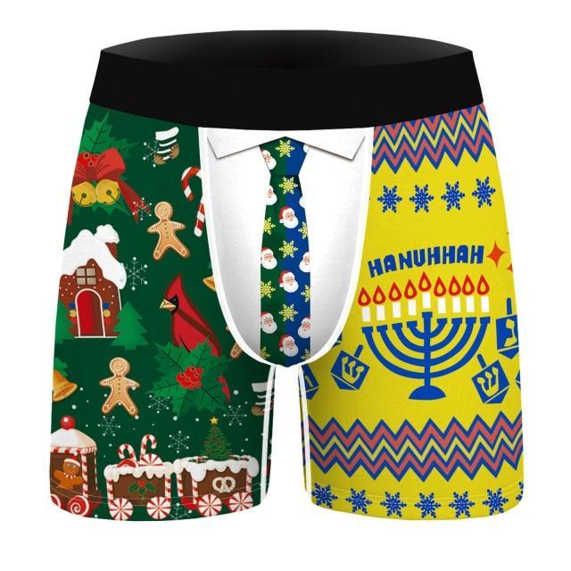 SALE - XMAS GIFT - Mens Christmas Boxer Shorts Printed Holiday Season with Tie Pouch Front