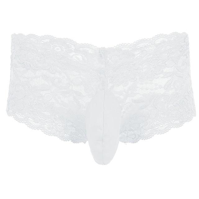 Mens Sissy Lingerie Floral Lace See-through Briefs Panties with Sheath Front White