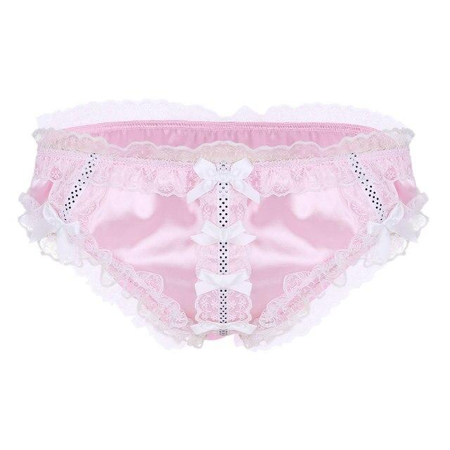 Mens Sissy Satin Panty Bikini Brief, Male Lingerie Pink and White Lace