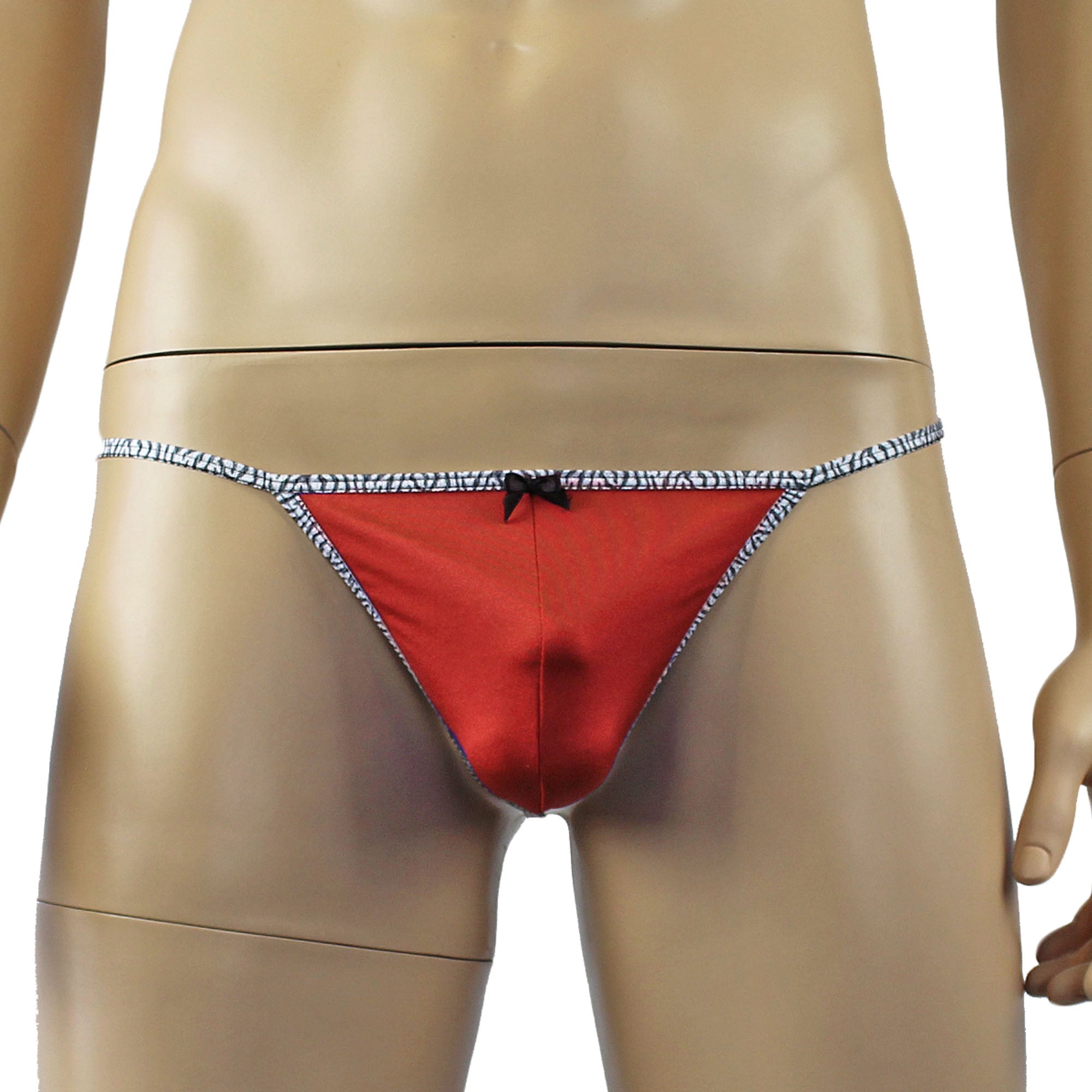 Mens Pretty Lycra G string Underwear with Zebra trim & Bow Red