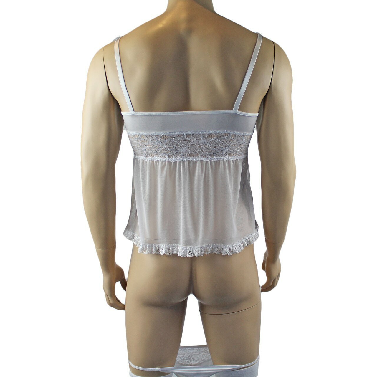 Male Romance Stretch Spandex Mini Babydoll Camisole & Briefs for Lingerie Men White or Black