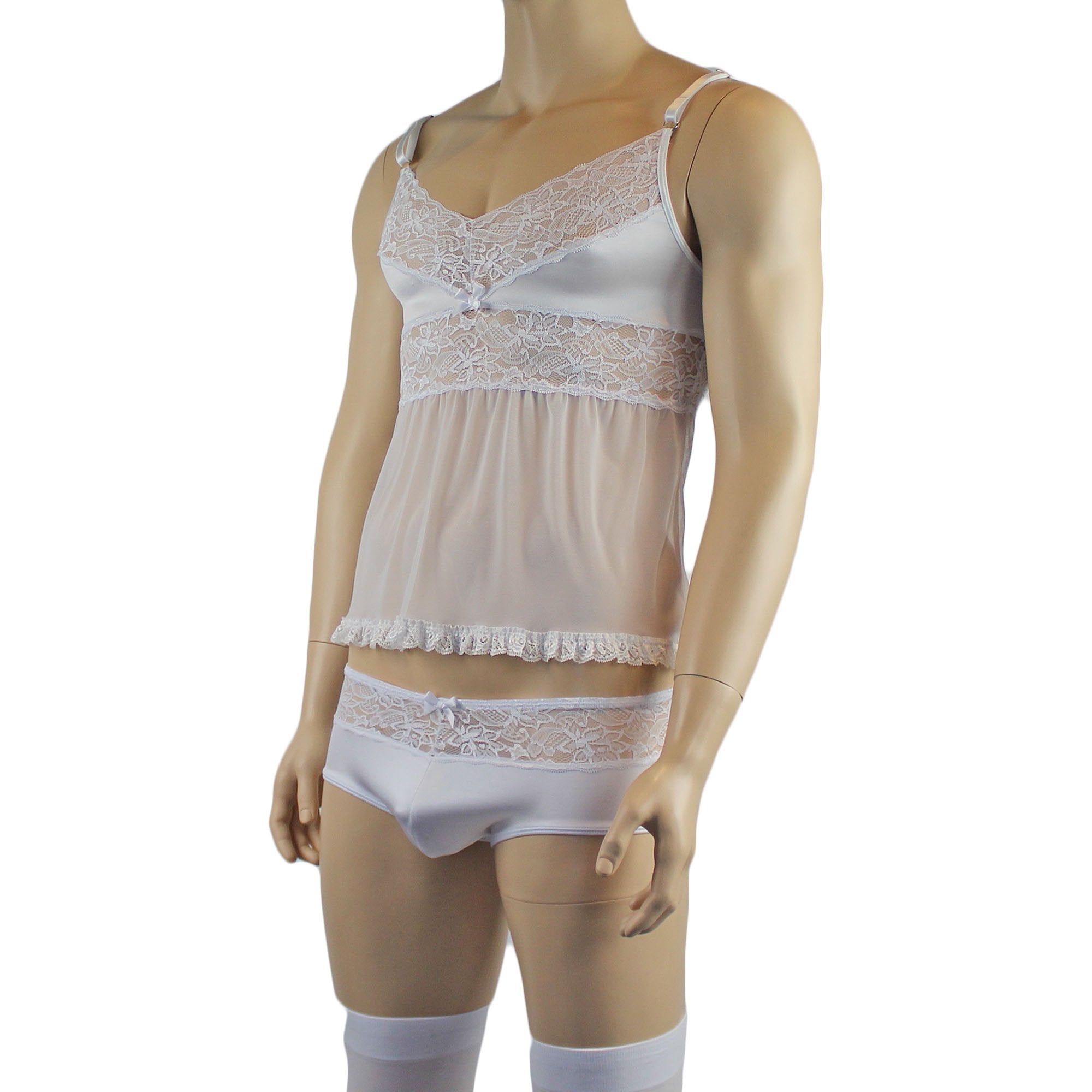 Male Romance Stretch Spandex Mini Babydoll Camisole & Briefs for Lingerie Men White or Black