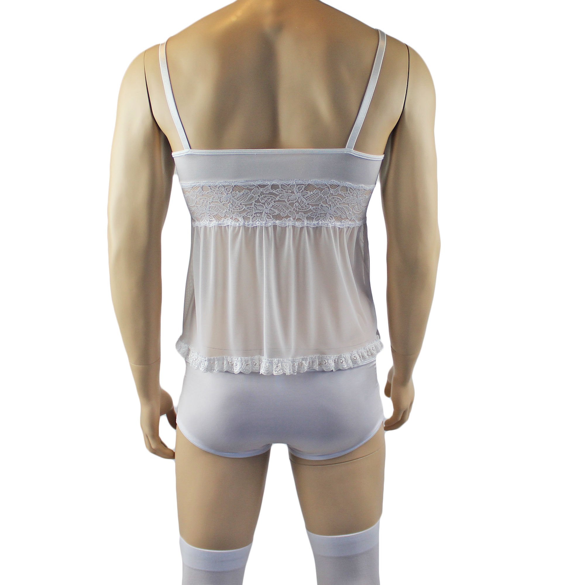 Male Romance Stretch Spandex Mini Babydoll Camisole & Briefs for Lingerie Men White or Black