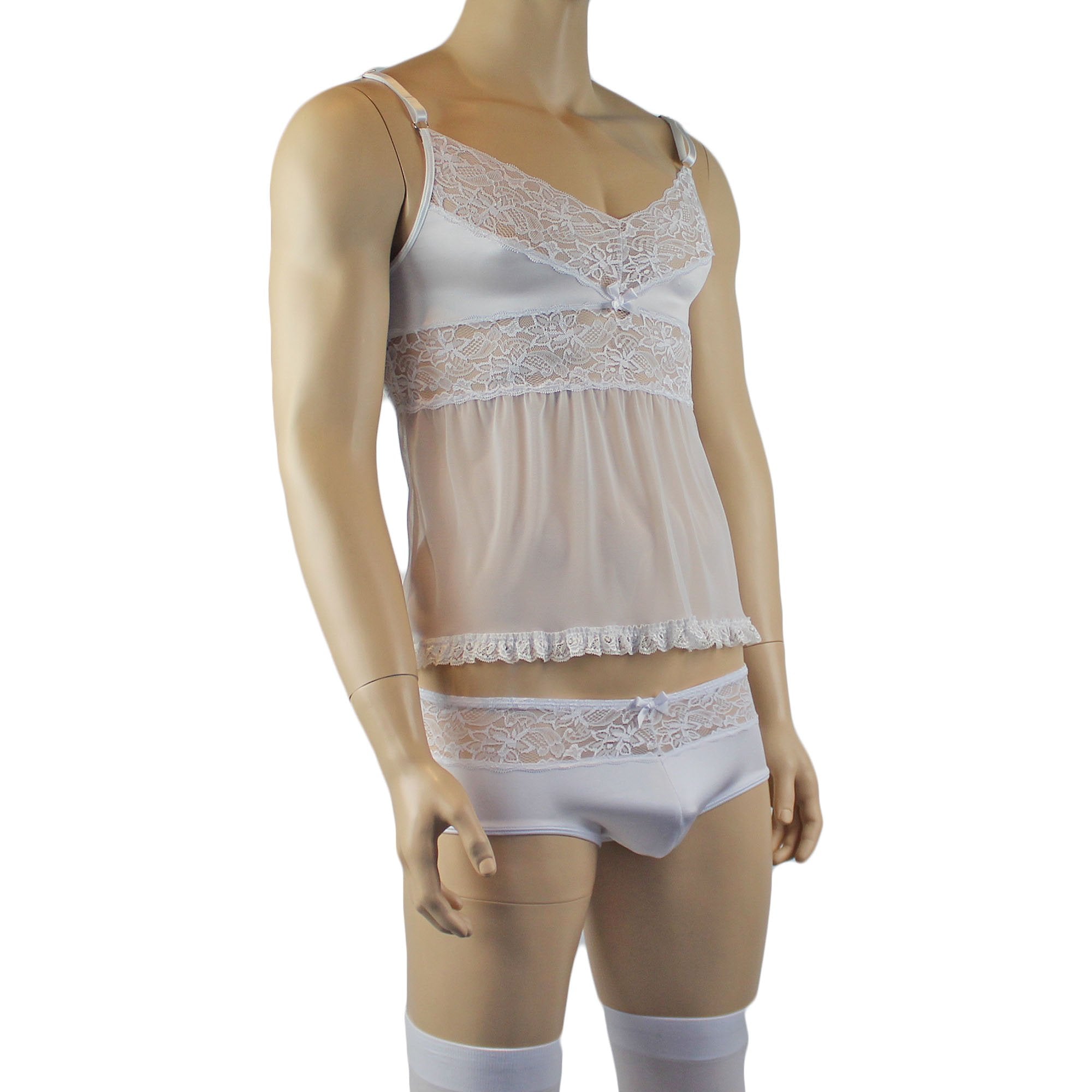 Male Romance Stretch Spandex Mini Babydoll Camisole & Briefs for Lingerie Men White or Black