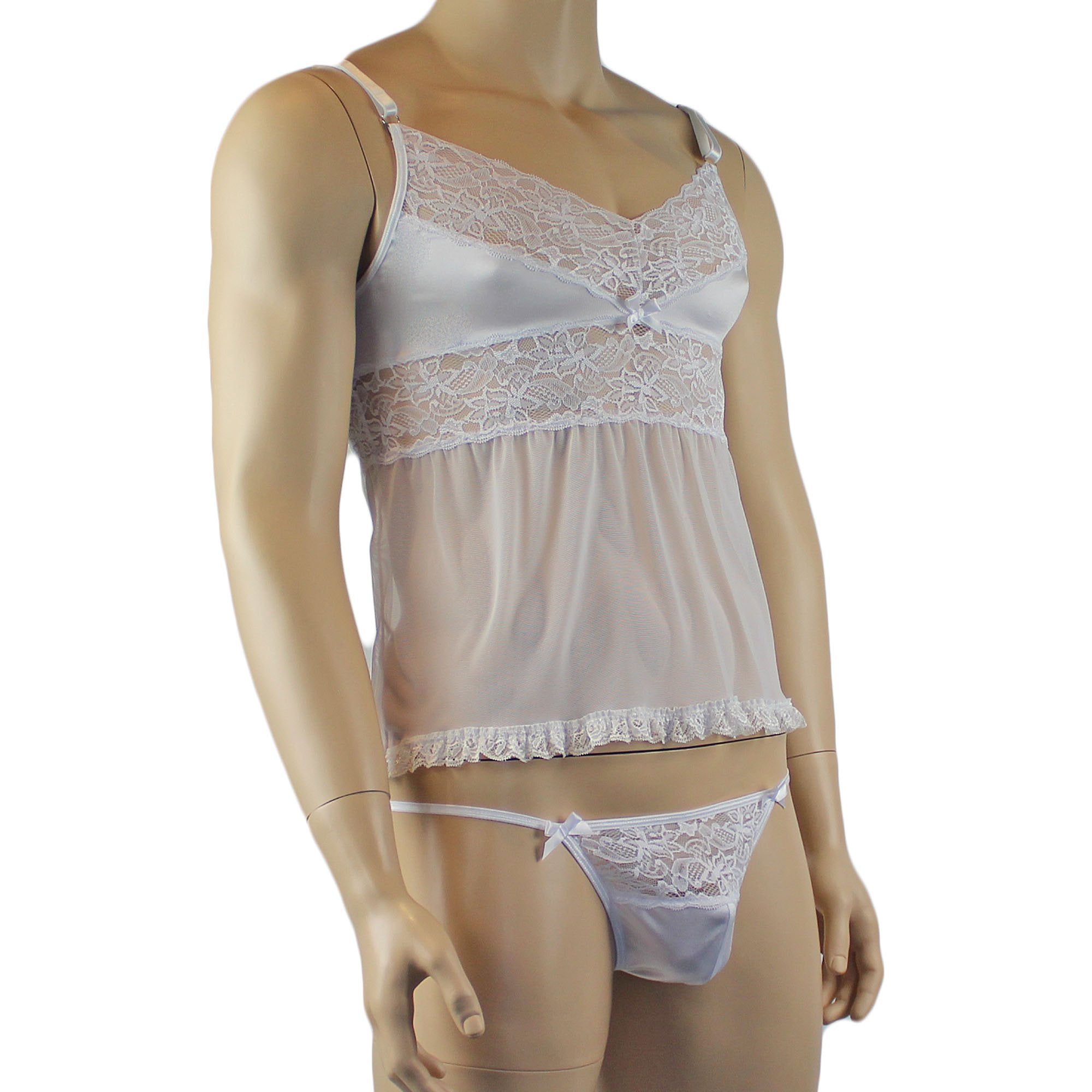 Male Romance Stretch Spandex Mini Babydoll Camisole & G string for Lingerie Men White or Black