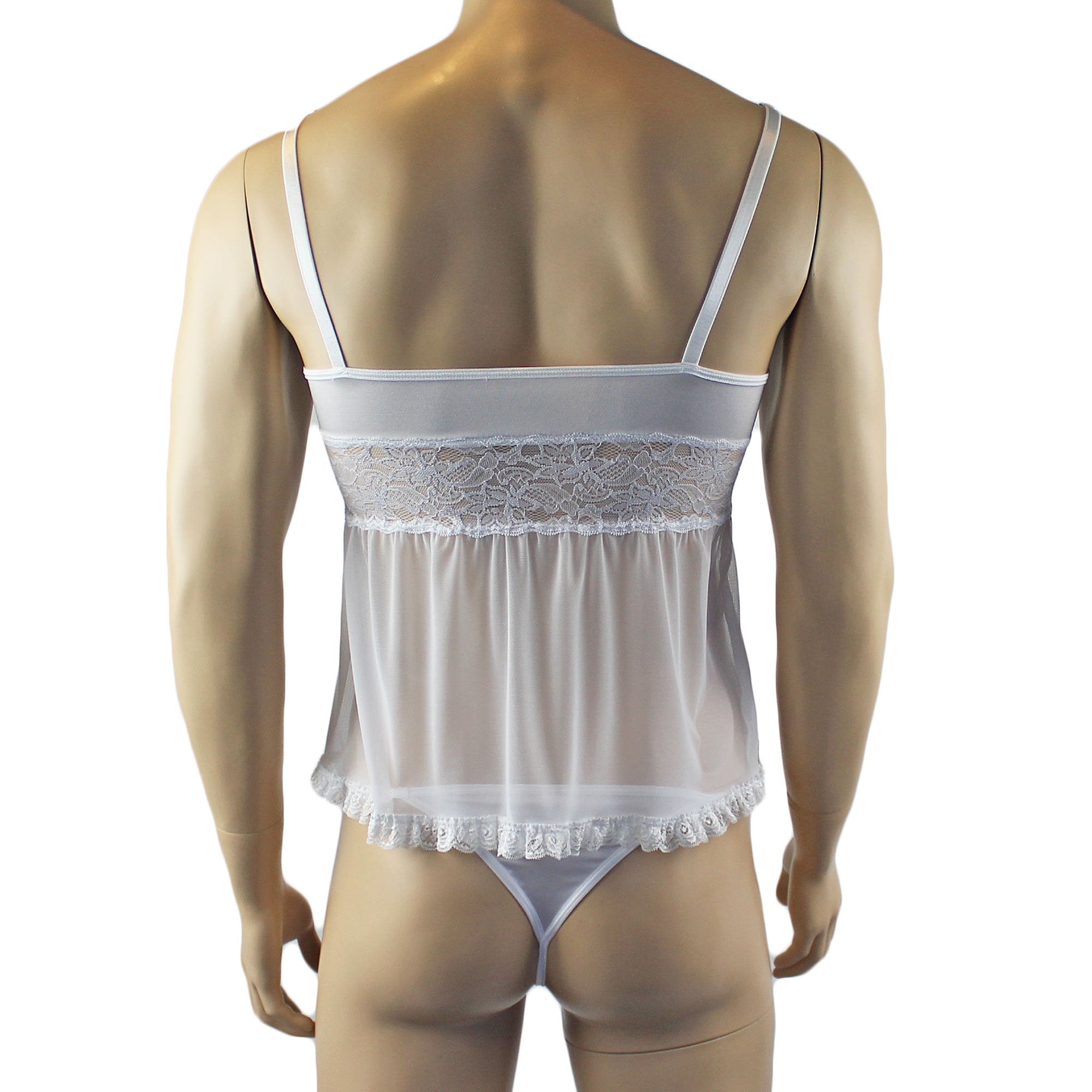 Male Romance Stretch Spandex Mini Babydoll Camisole & G string for Lingerie Men White or Black