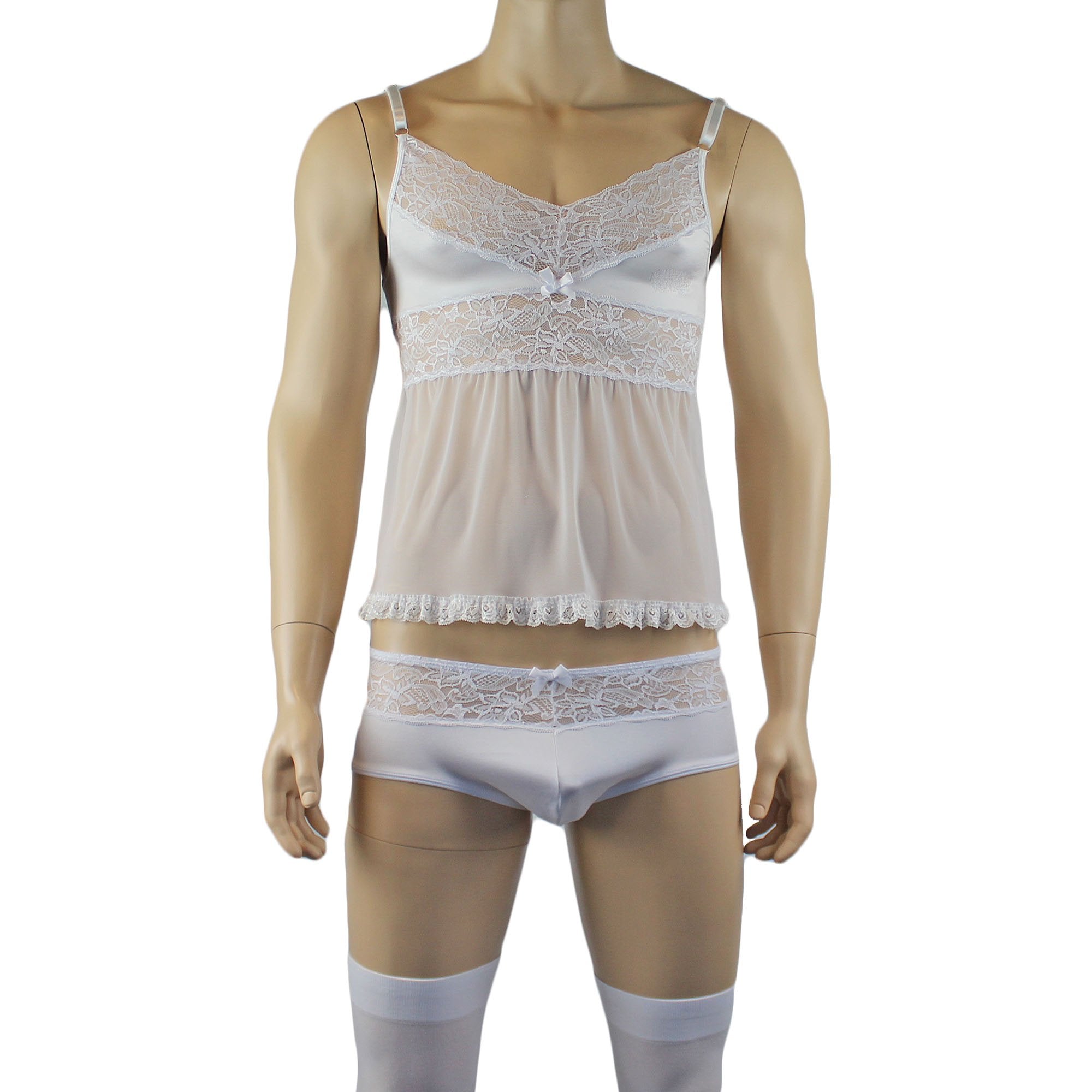 Male Romance Stretch Spandex Mini Babydoll Camisole & Briefs for Lingerie Men White or Black